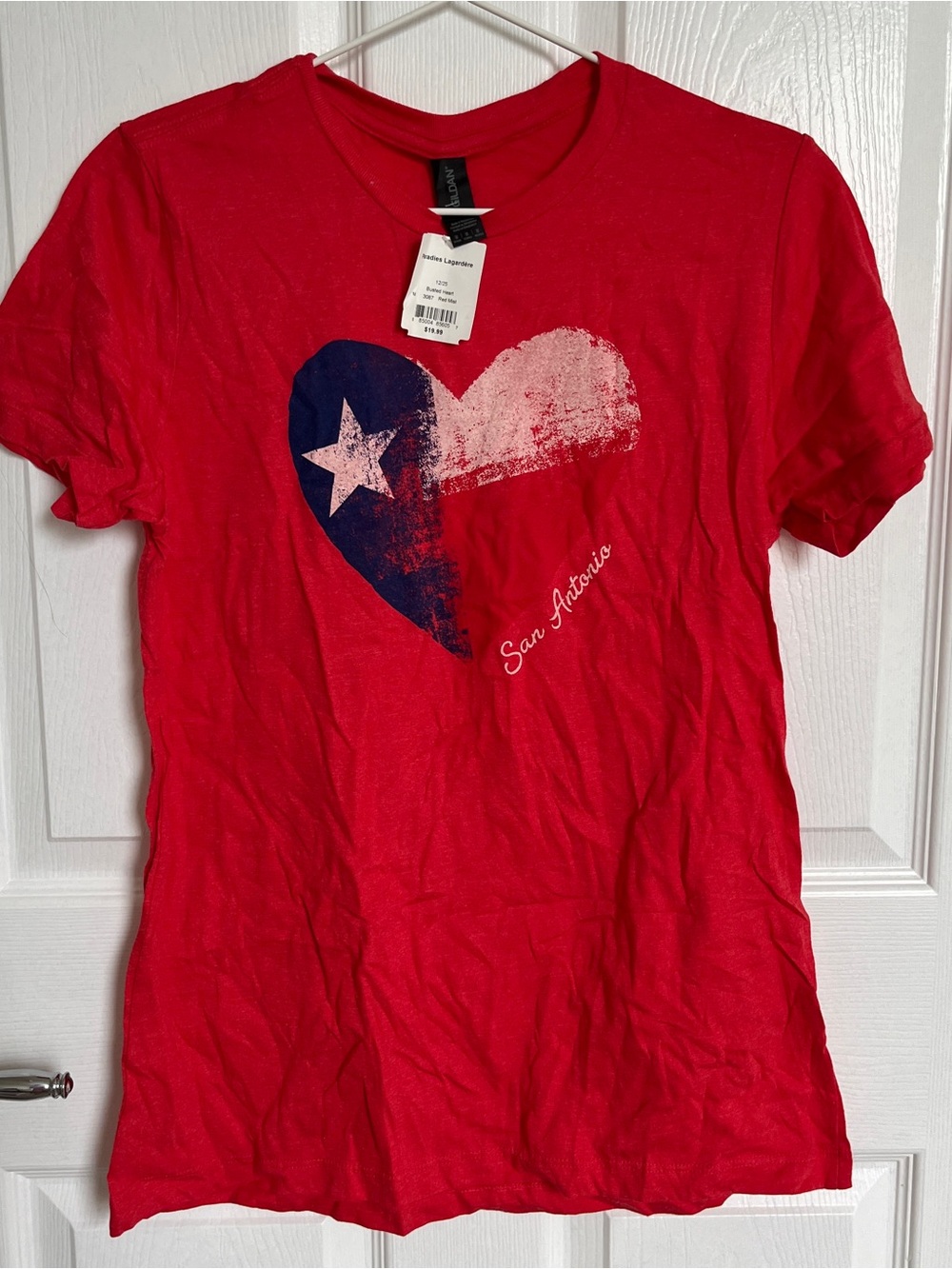 Gildan Red Short-Sleeve Tee with Blue & White San Antonio Heart Graphic